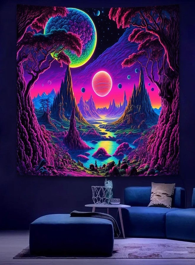 Manicer Blacklight Galaxy Moon Tapestry - Alien Landscape UV Reactive Neon Mountain Forest, Space Fantasy Plants Wall Hanging for Room Decor - 59.1" x 80" - Image 2